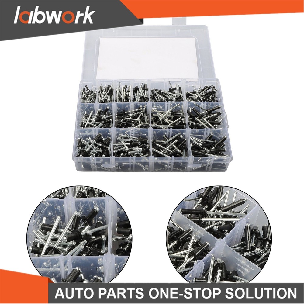 Labwork 500pcs Black Rivets Assortment Kit with 14 SAE Sizes (3/32"-3/16")