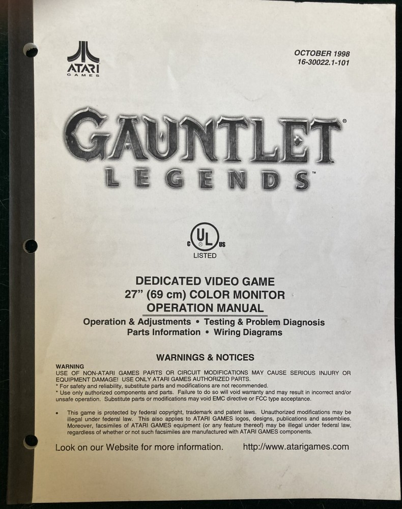 Atari Gauntlet Legends Arcade Game Manual