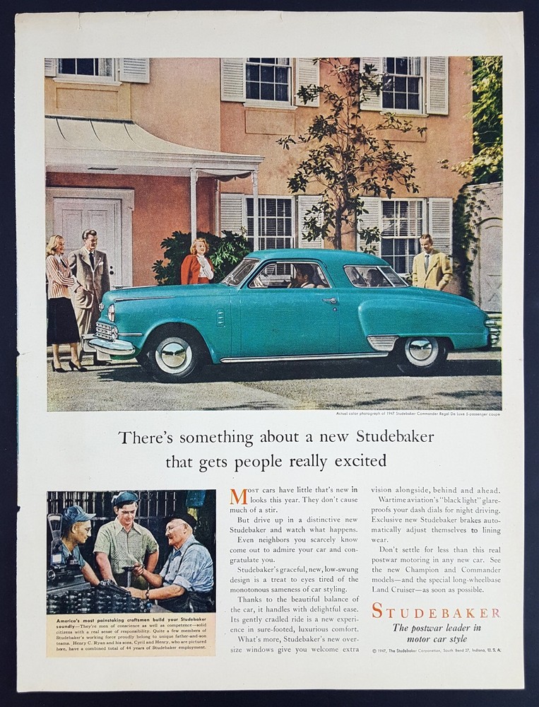 1947 Studebaker Commander Regal Coupe Magazine Print Ad Postwar Style