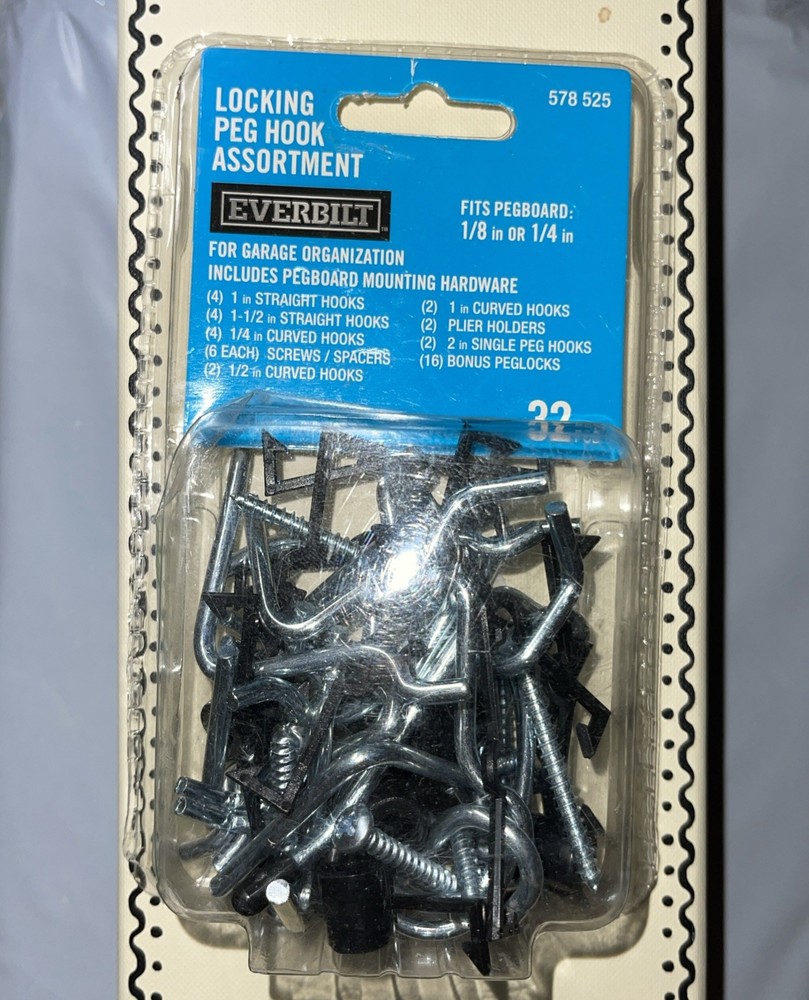 Everbilt Locking Peg Hook Assortment 1/8 & 1/4 Pegboard 32 Pcs Mounting Hardware