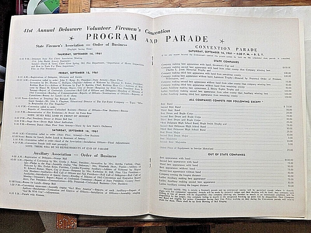 1961 Delaware Vol Firemen's Assoc.Convention Program. Dover-Robbins Hose Co.Host