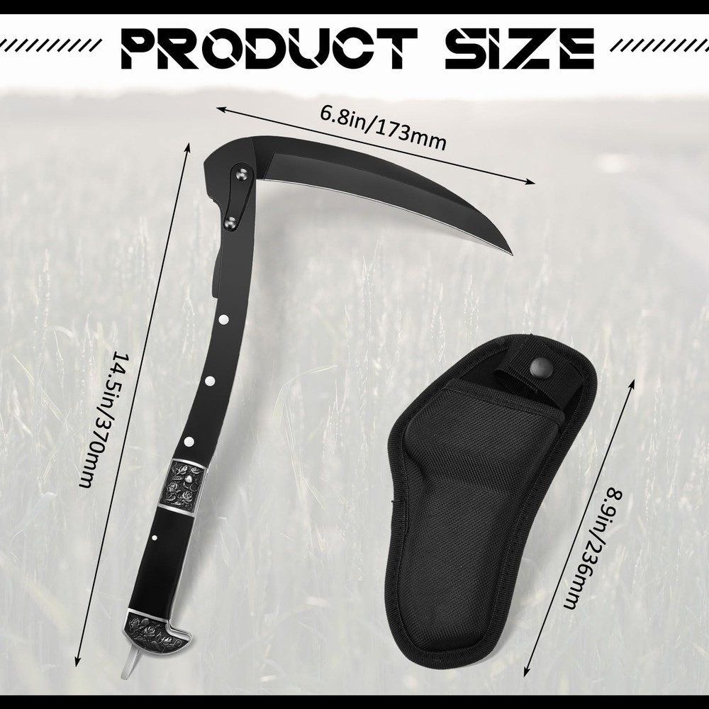 Black Sharp Folding Sickle Garden Tool Portable Safety Grass Hand Sickle with...