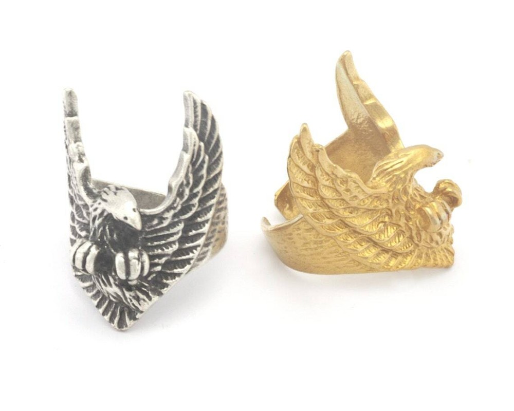 Eagle Wings Ring Statement Animal Adjustable Raw Brass , Silver plated 4620