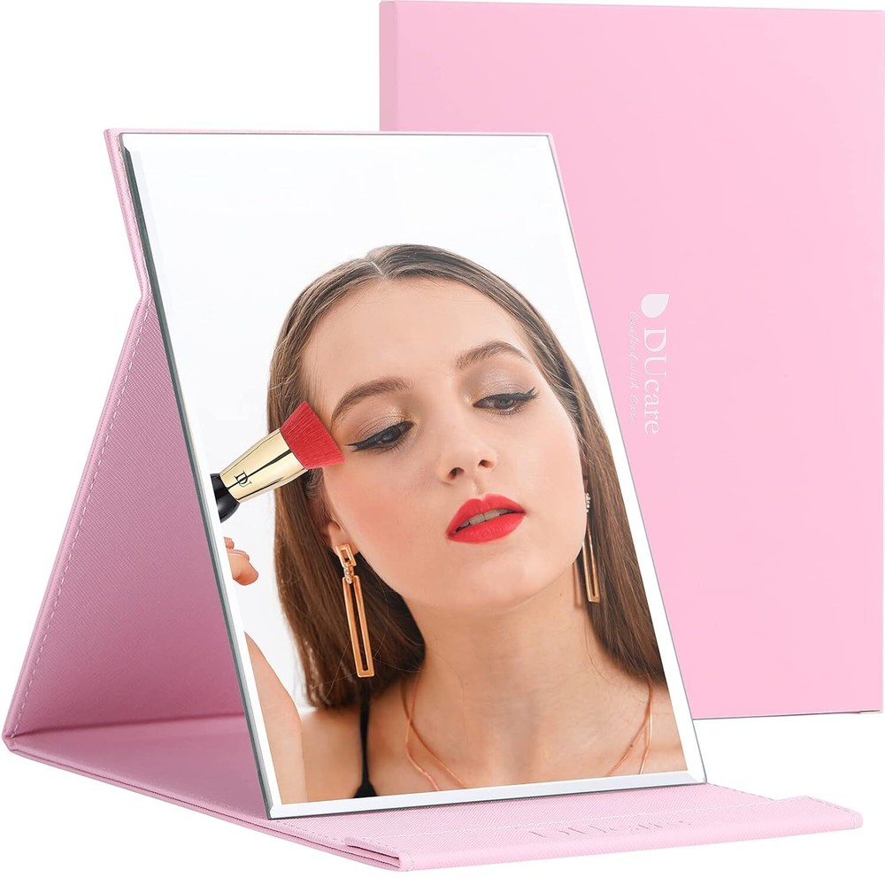 DUcare Folding Mirror Travel Portable Vanity Adjustable thin Leather Case Pink