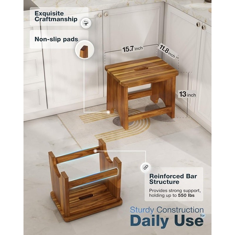 Acacia Wood Step Stool Sturdy Construction Non-Slip Handle Multipurpose Use