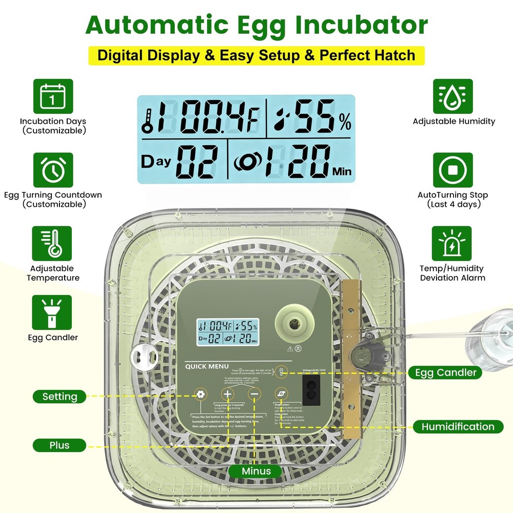 Auto Egg Incubator with Humidity Control & Hatching Guide for Various Eggs