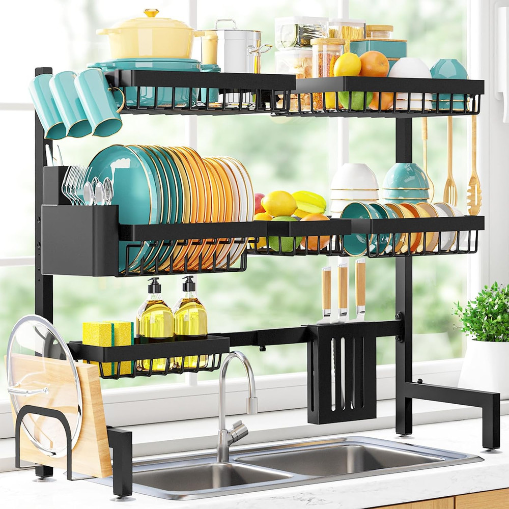 Over the Sink Dish Drying Rack - Adjustable 3 Tier Xx-Large Capacity Stainless S