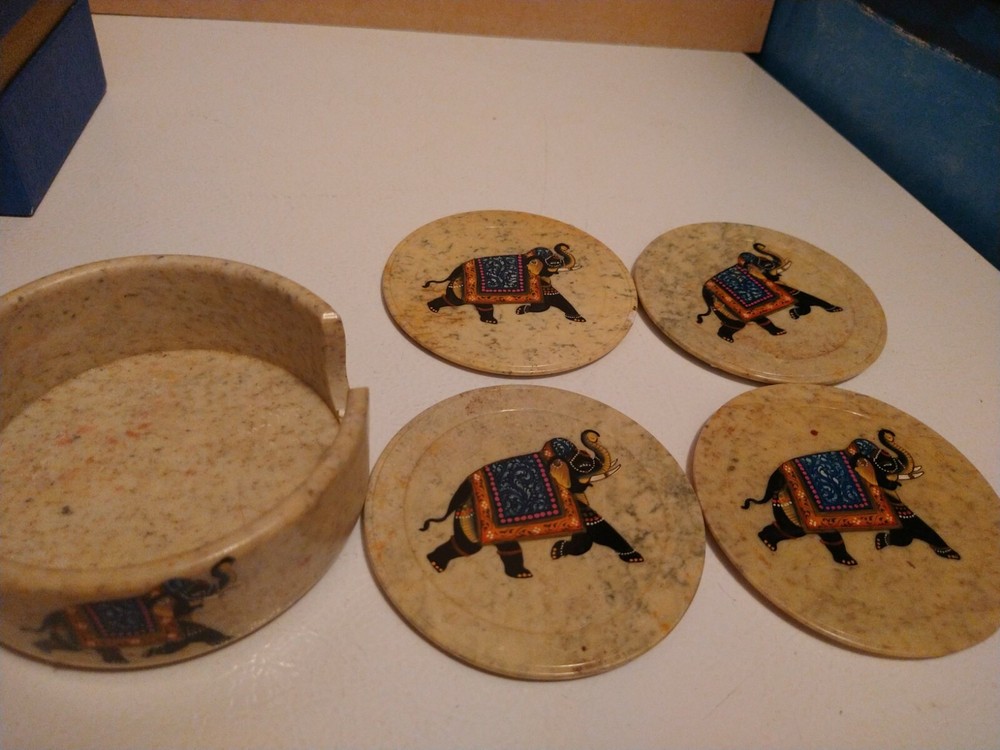 Lot 5 Pc Handcrafted Elephant Hand painted Marble tea coffee Coaster set