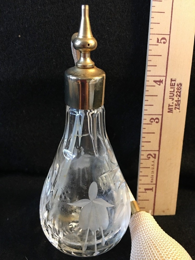 Clear Cut Glass Etched FLOWER Atomizer PERFUME Bottle