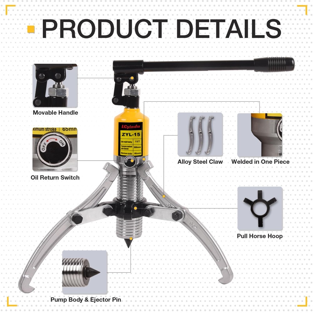 15T Hydraulic Gear Puller Bearing Puller w/2/3 Jaws Heavy Duty Hydraulic Puller