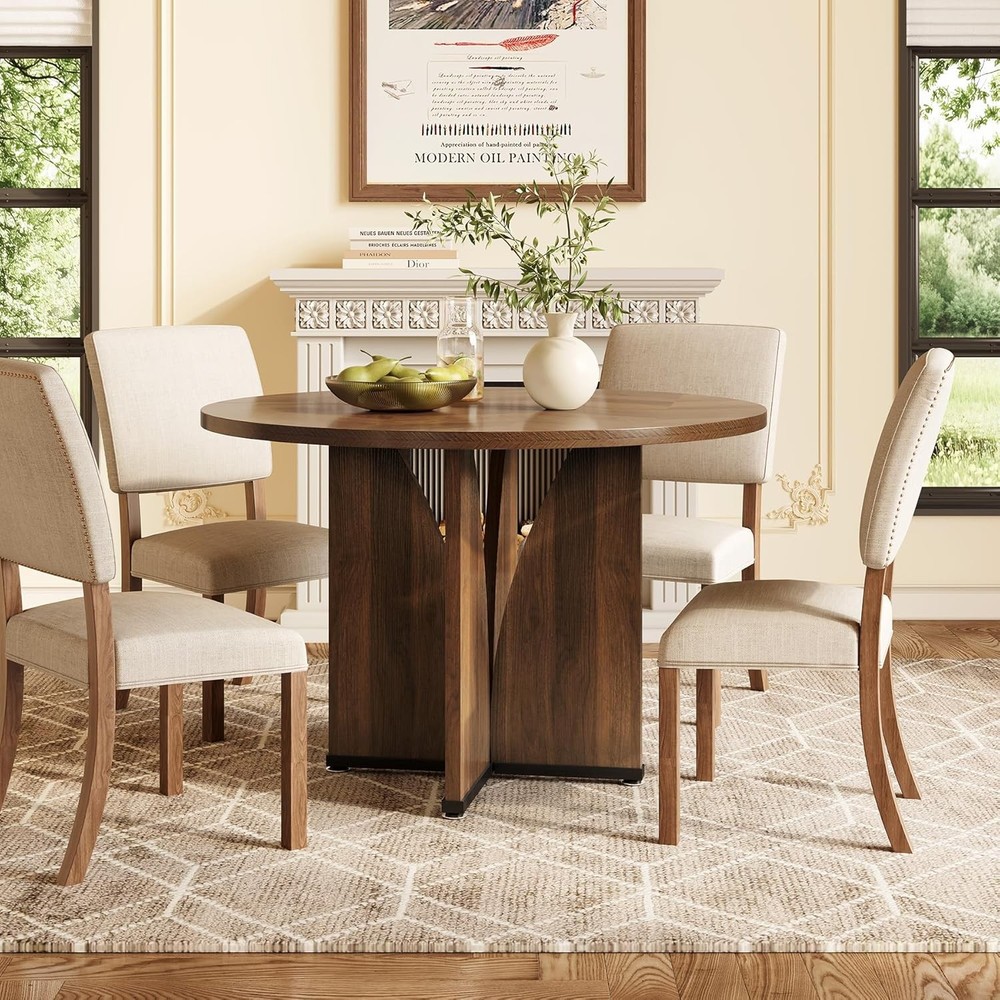 39-Inch Round Dining Table 4 Rustic Kitchen Table W/ X-Shaped Stable Pedestal
