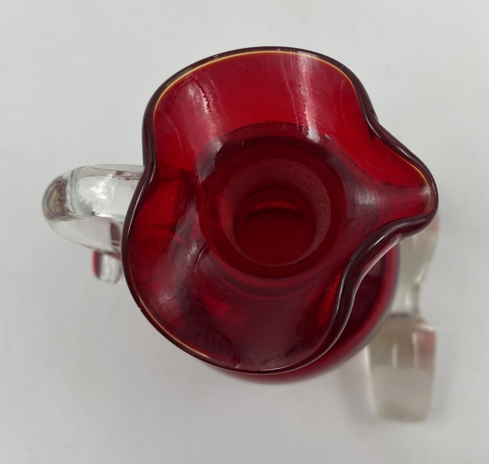 Ruby Red Glass Cruet with Clear Stopper and Handle Vintage Hand Blown