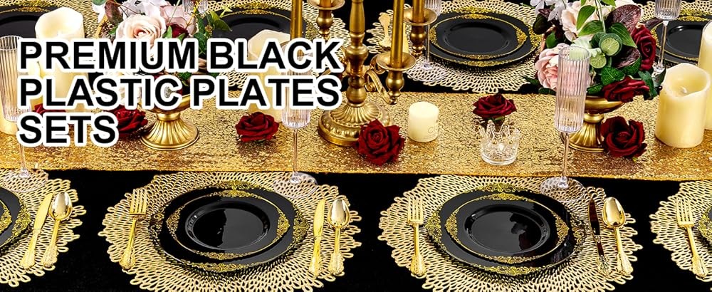 Bla and Gold Plastic Plates - Bla Disposable Dinnerware Set - Vinta