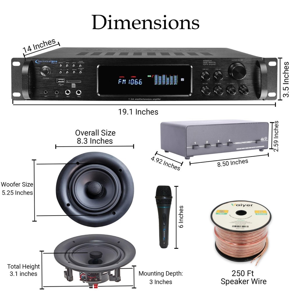 Technical Pro 7.2Ch 1500W Bluetooth Amp 8x5.25" Ceiling Speakers, Selector, Mics