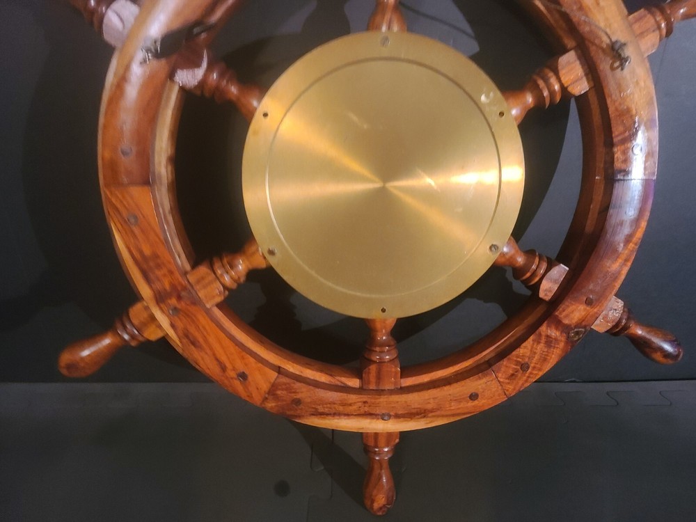 Wood Ships Wheel With Solid Brass Porthole Ships Time Quartz Clock, 24" Diameter