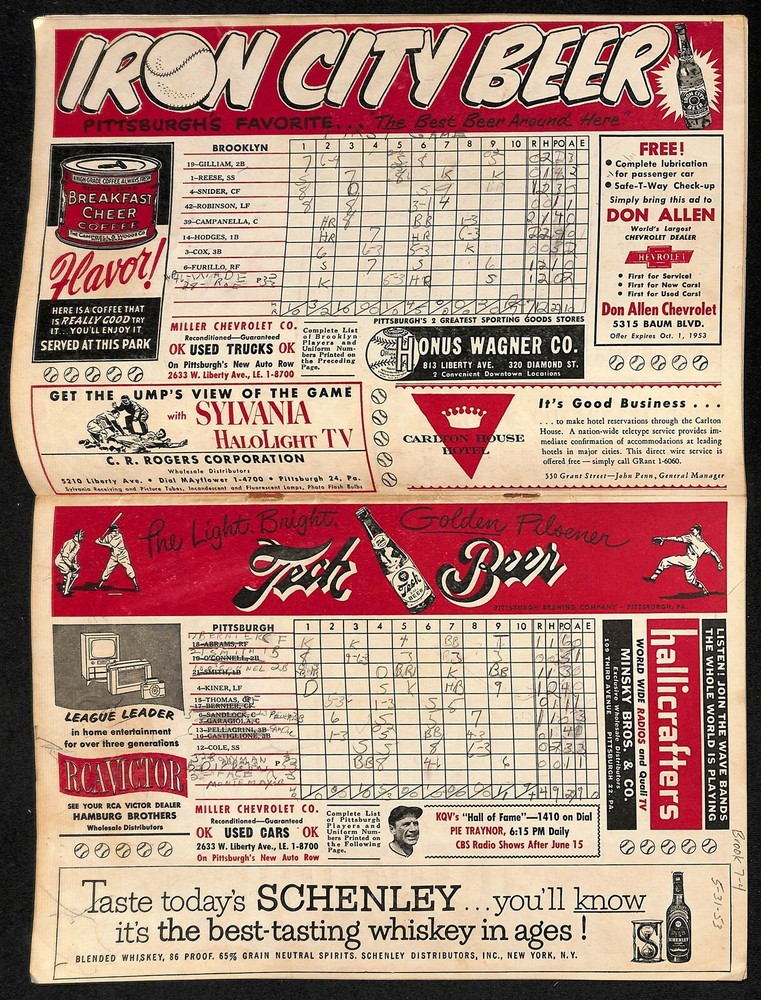 1953 Brooklyn Dodgers @ Pittsburgh Pirates Program Ex78280b5