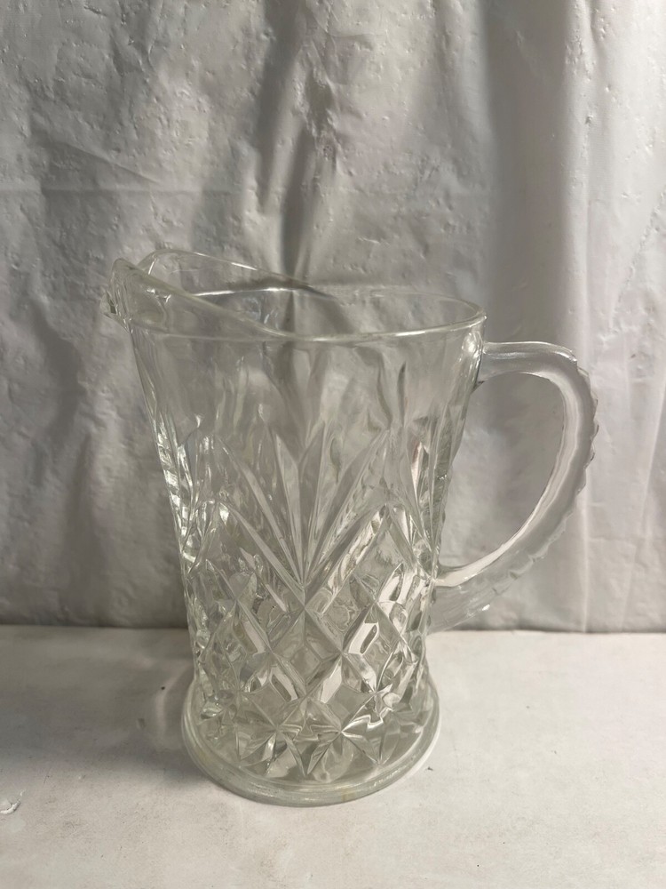 Small Diamond Cut Ribbed Clear Glass Pitcher with Handle