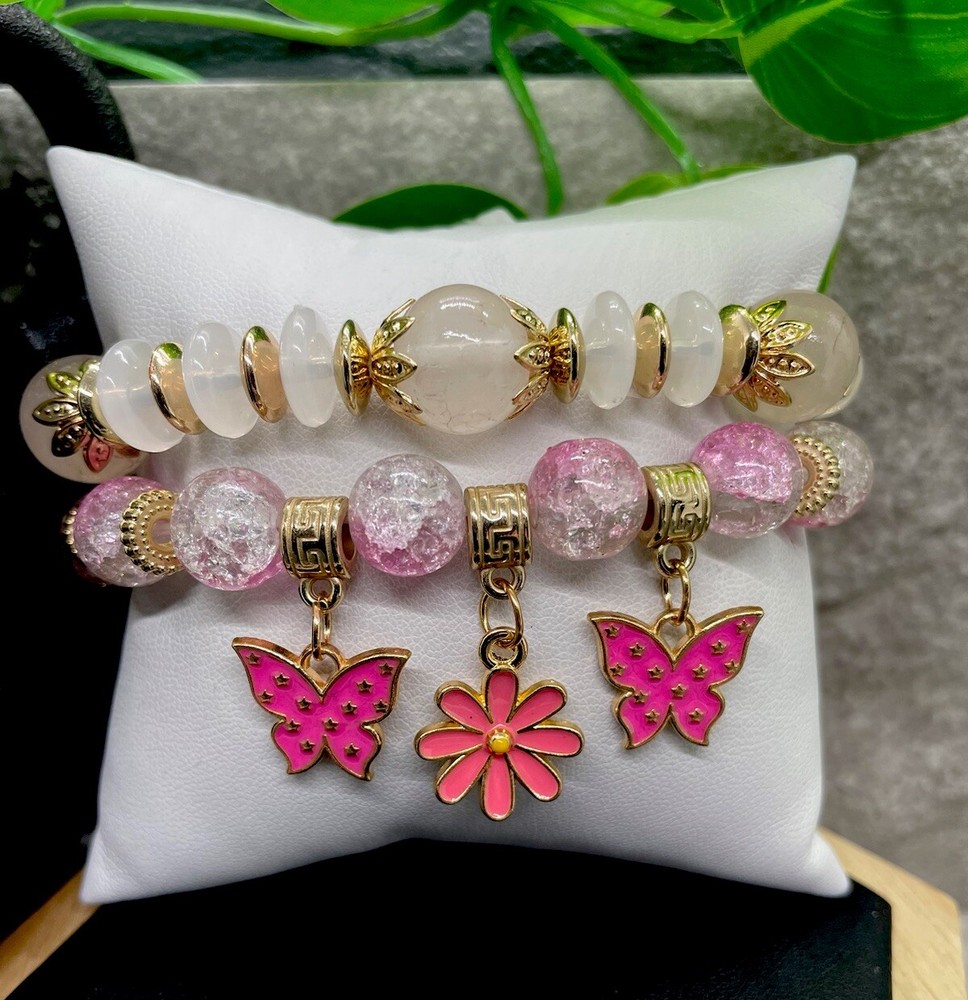 2 PC Handmade Boho  Beaded Stackable 6.5” Plus Stretch Bracelet Set New B1343