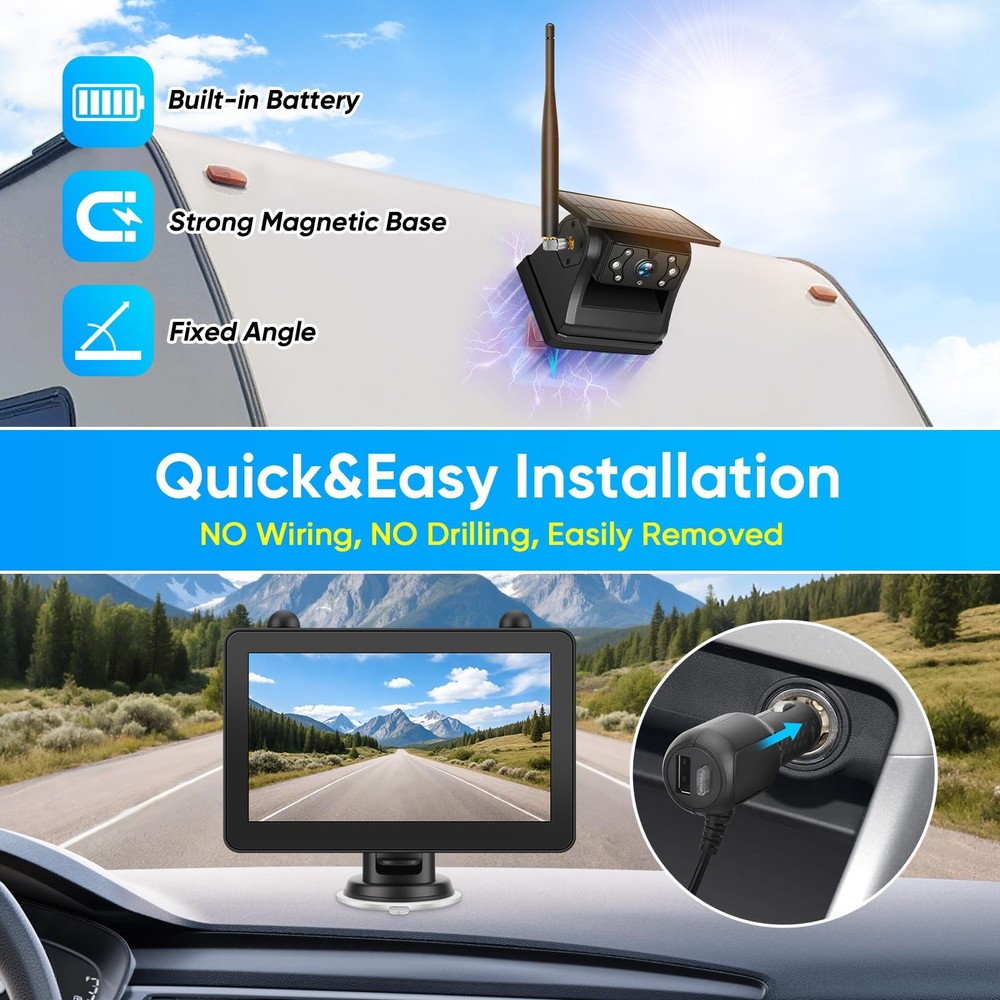 Magnetic Solar Wireless Backup Camera System with 7" IPS Touchscreen...