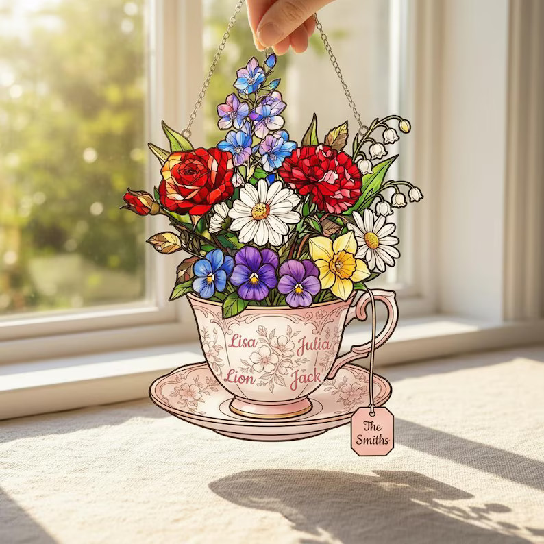 Personalized Floral Teacup Acrylic Suncatcher Window Decor