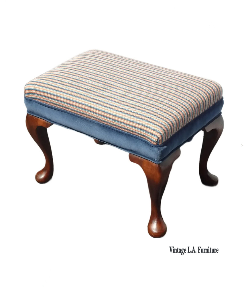 Vintage Queen Anne Blue Stripped Footstool Bench