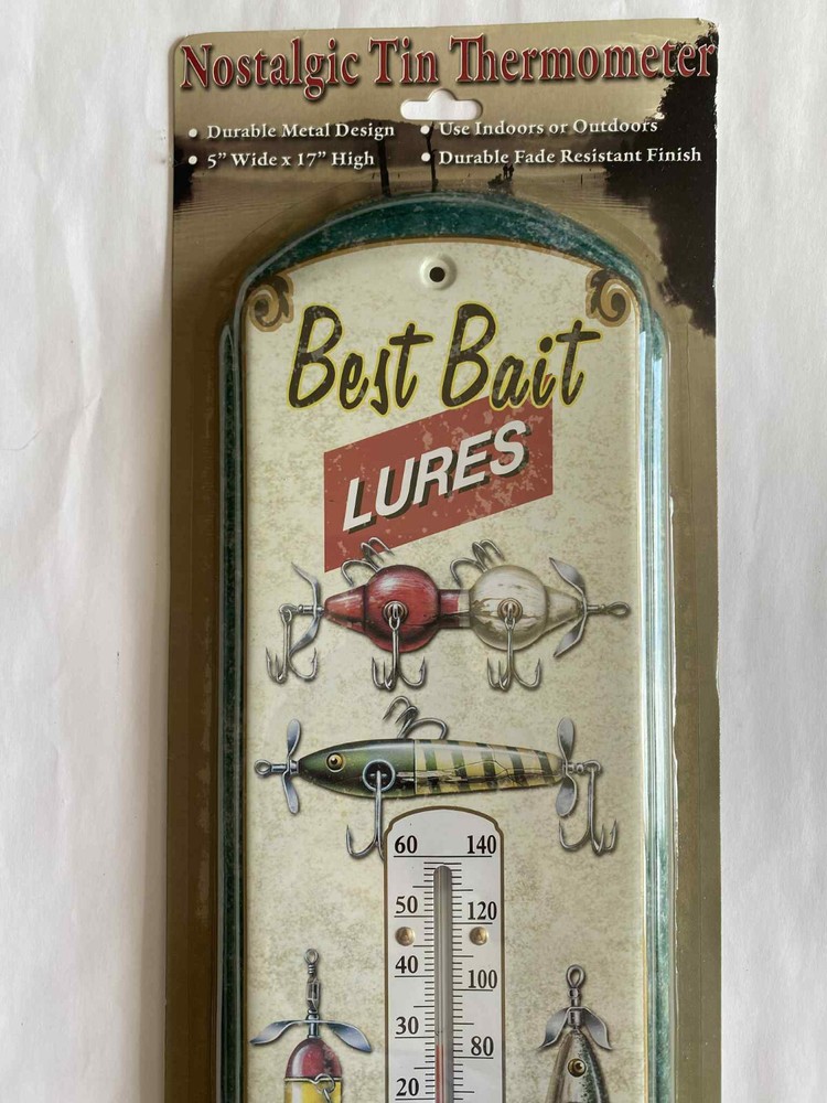NOSTALGIC TIN THERMOMETER BEST BAIT LURES 17” LENGTH X 5” WIDTH Temperature NEW