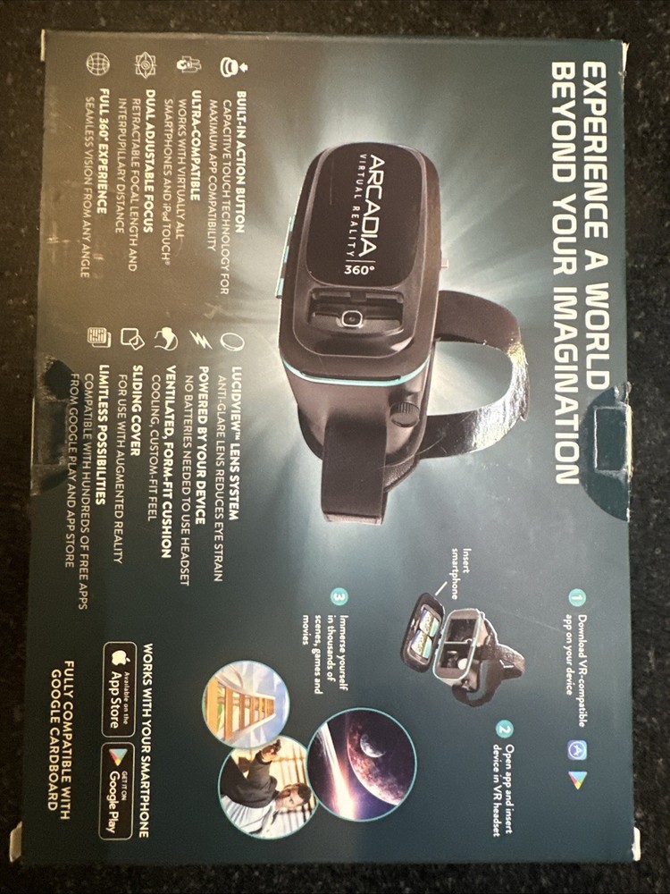 Virtual Reality Headset Arcadia 360 Smartphone VR Android Apple Black