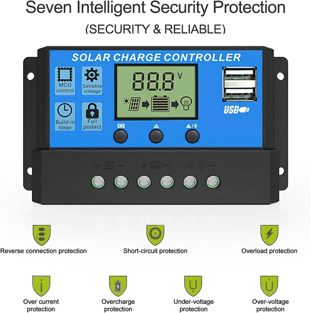 30A 12V/24V Solar Panel Battery Charge Controller LCD Regulator Auto Dual USB US