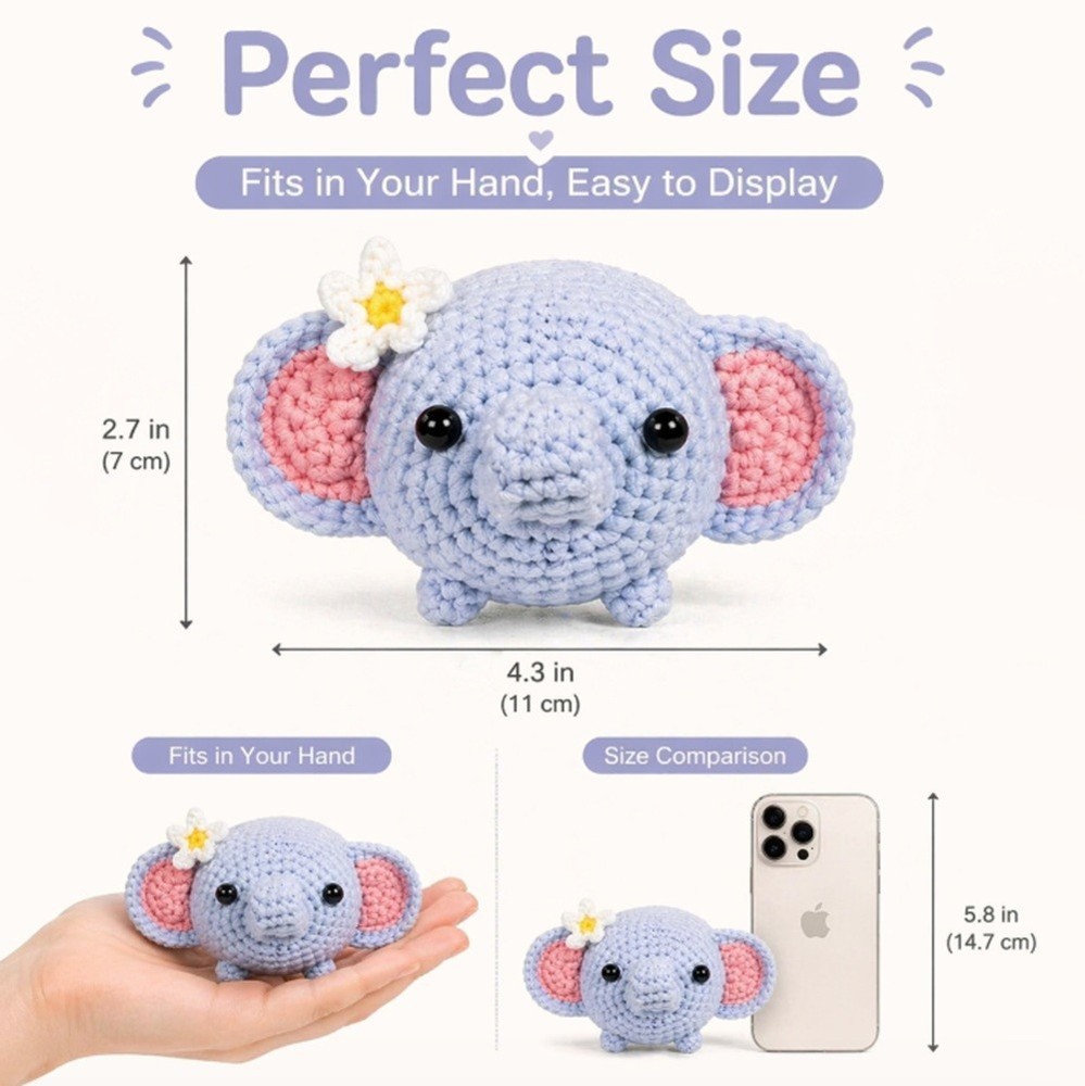 Elephant Crochet Kit for Beginners Amigurumi DIY Set with Video Tutorial