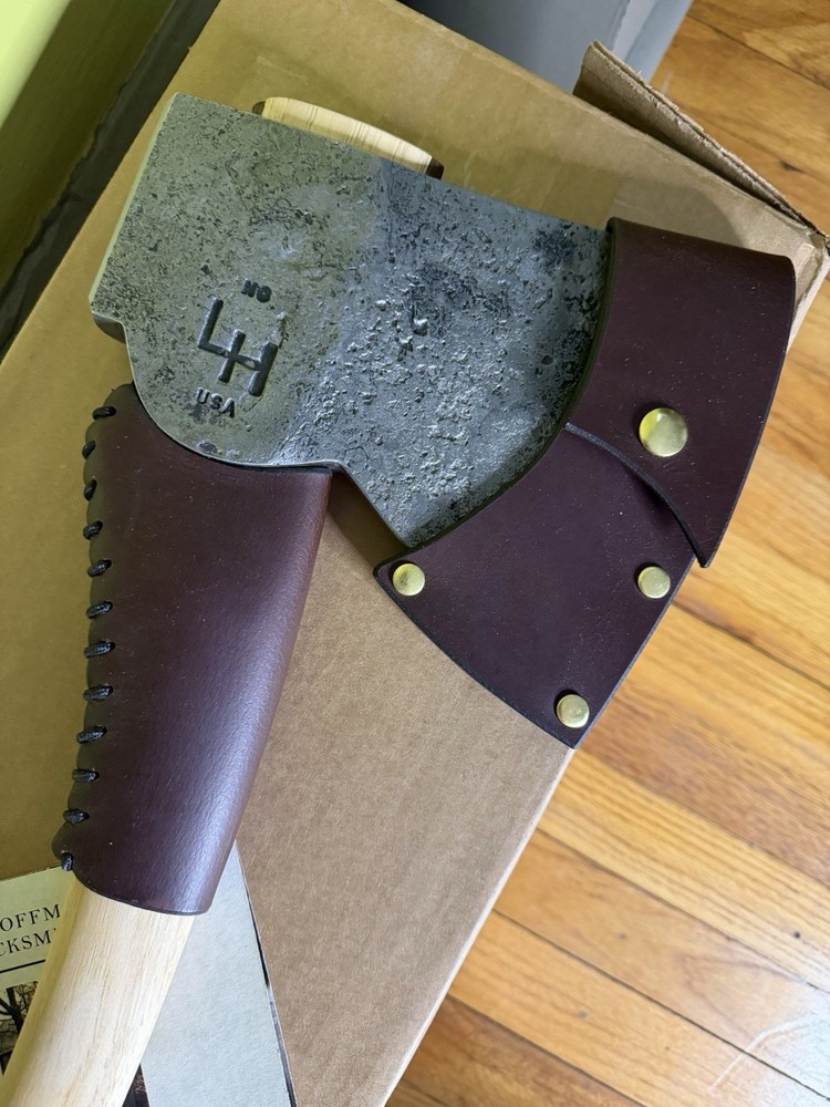 Hoffman Blacksmithing Farm Axe 32” Curvy Handle and Bulb End w/ Leather Guard
