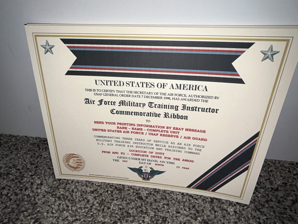 U.S. AIR FORCE TRAINING INSTRUCTOR COMMEMORATIVE CERTIFICATE ~ W/PRINTING TYPE-1