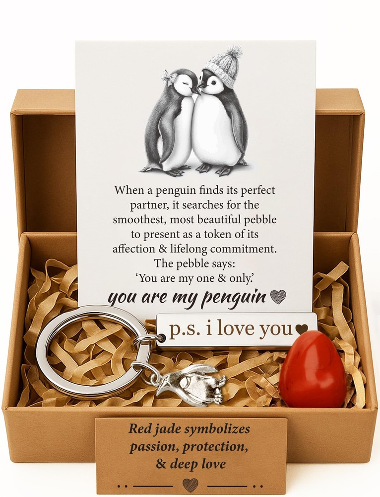 Valentine's Day Penguin Gift Box Set for Her or Him - Romantic Keepsake Red
