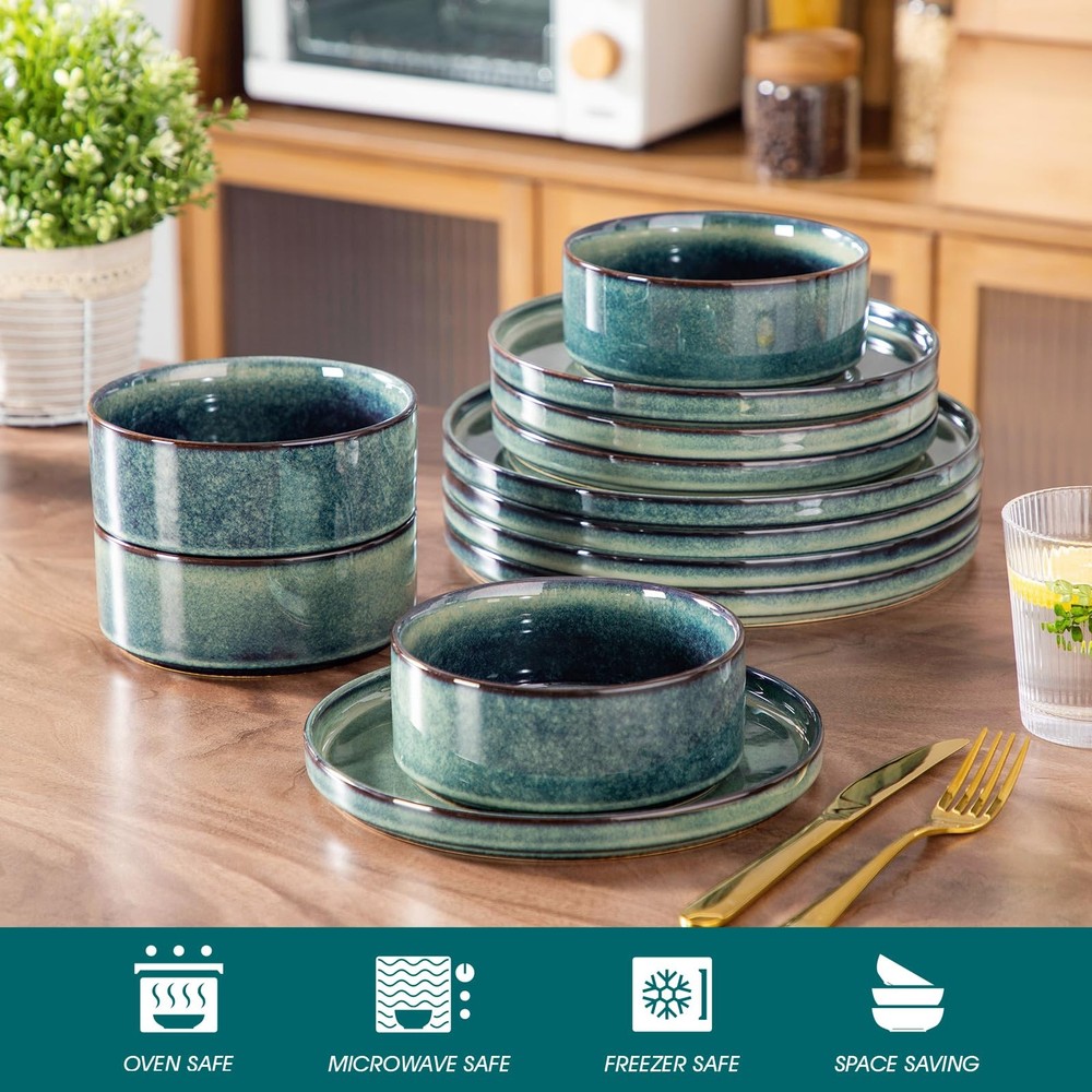 Starry Plates and Bowls Sets,12 Pieces Green Dinnerware Sets for Kitchen,Modern