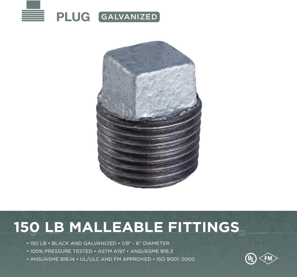 1/2" MIP Galvanized Malleable Iron Plug with Square Head