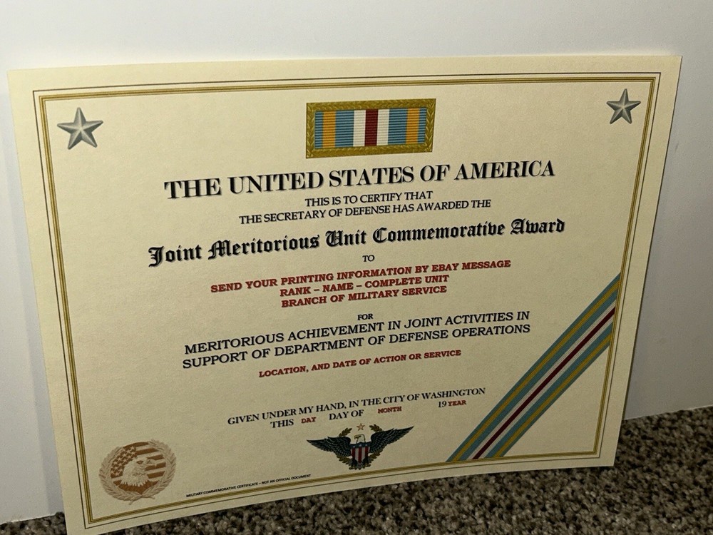 JOINT MERITORIOUS UNIT COMMEMORATIVE AWARD CERTIFICATE ~W/PRINTING T-1
