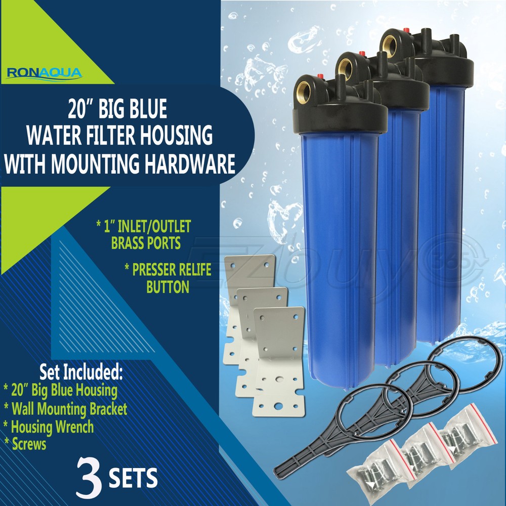 3 Big Blue Housings 20" for Whole House Water Filtration System, 1” Brass Port