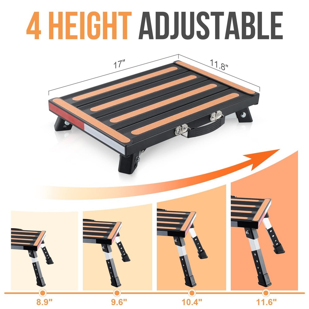 RV Stool, Adjustable Height Folding Step with Non-Slip Surface, Rubber Feet,