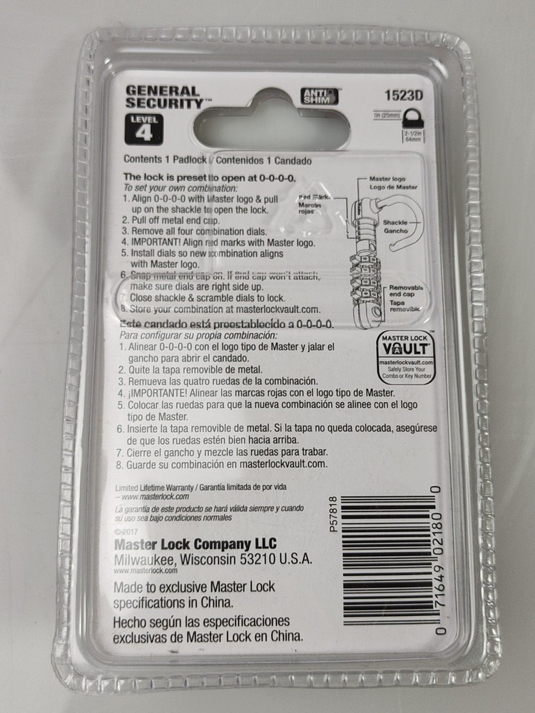MASTER LOCK 4-DIGIT COMBINATION PADLOCK SOFT TOUCH DIAL 15230 NEW BLUE WHITE