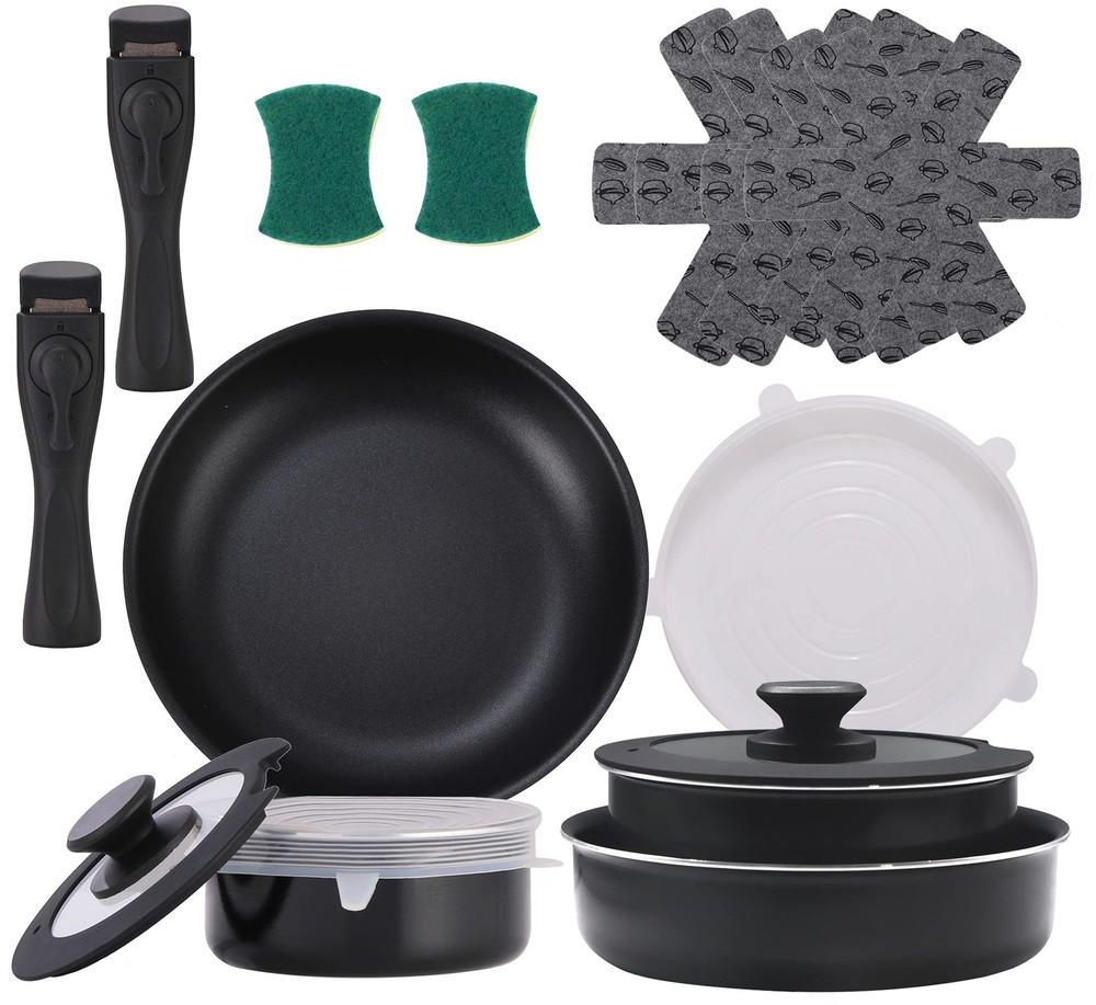 16 Pieces Kitchen Removable Handle Cookware Sets, Stackable Pots and Pans Set...