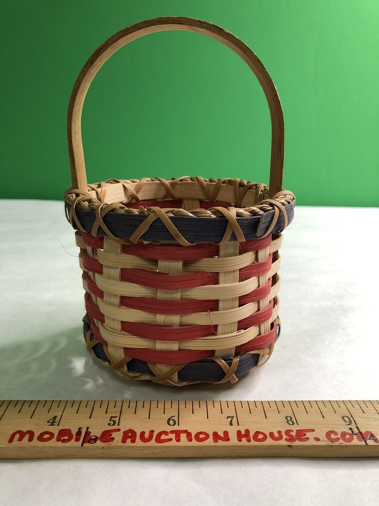 Set 3 Round Handled Woven Baskets Wood Nesting Large Medium Small Signed 2001