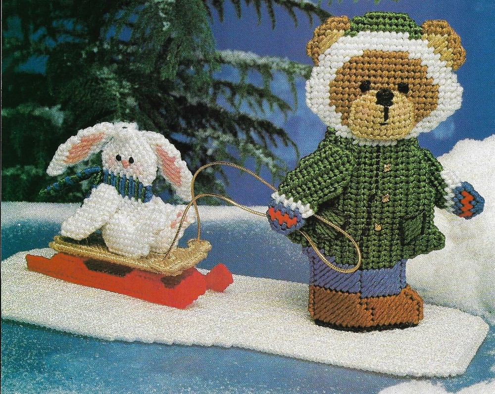 SLED RIDE BUNNY & BEAR CHRISTMAS PLASTIC CANVAS PATTERN INSTRUCTIONS