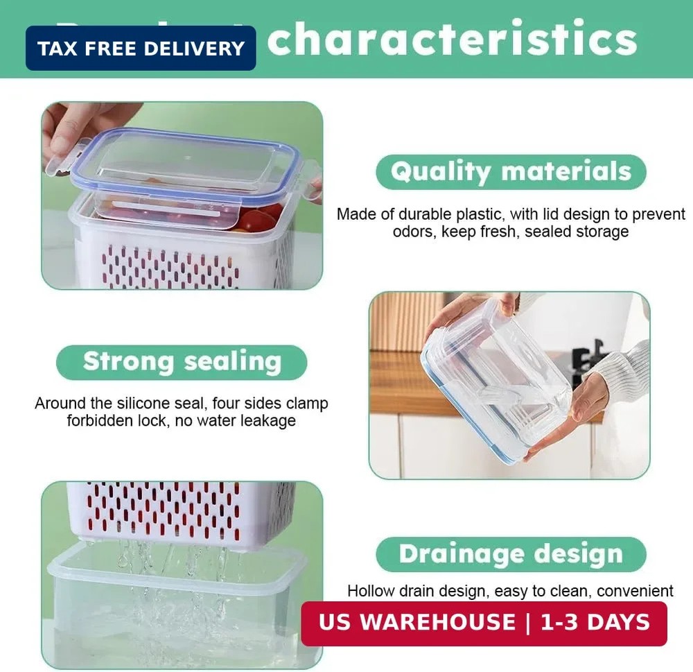 2 Pack Fruit Storage Containers for Fridge with Removable Colanders, Dishwasher