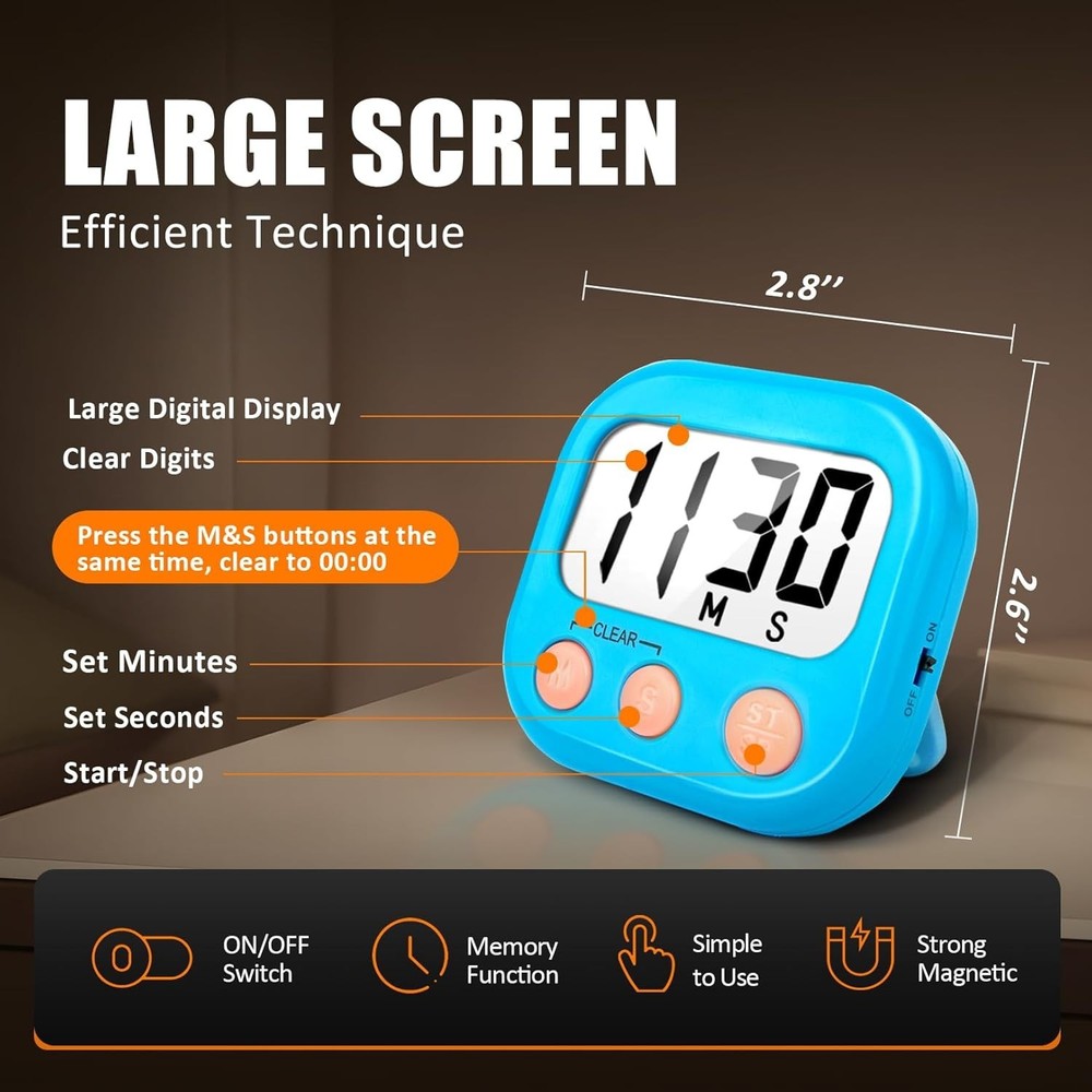 2 Pack Digital Kitchen Timers Loud Ring Magnetic Blue Set