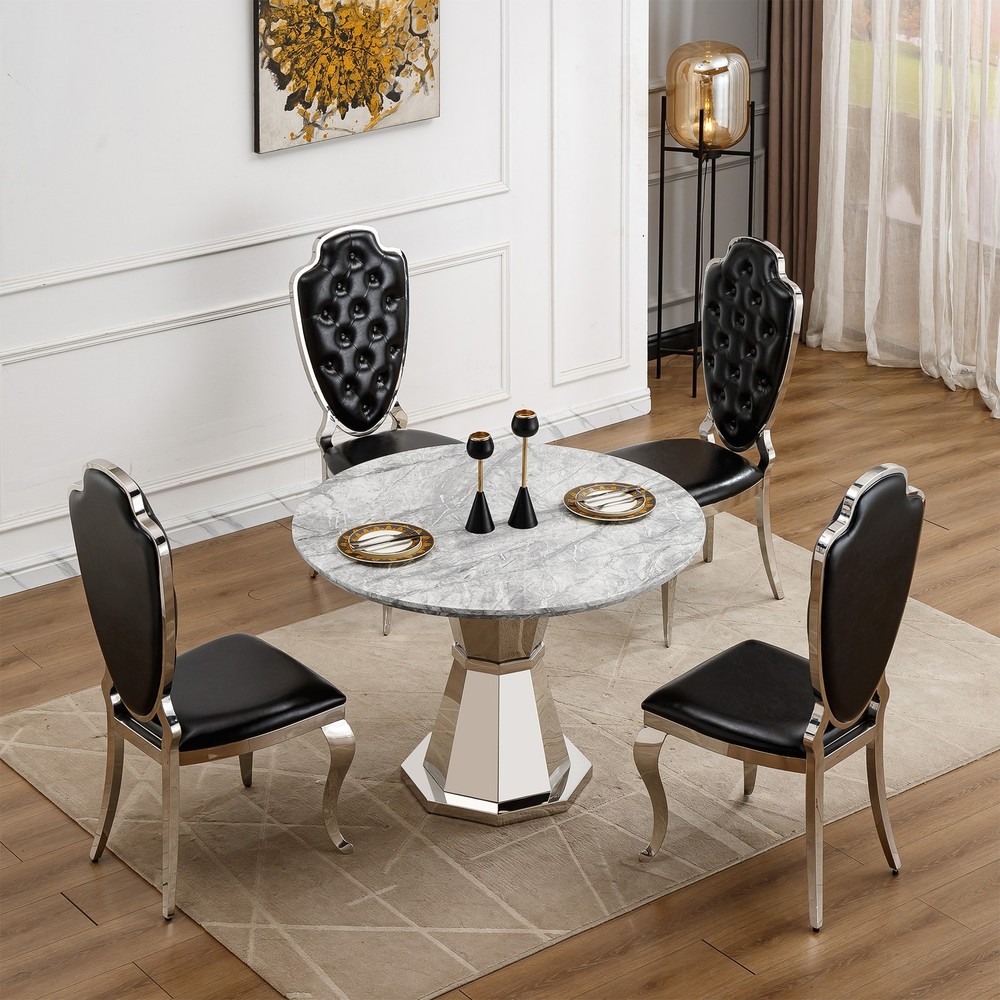 47" Round Marble Dining Table, Modern Kitchen Table with High Gloss Faux Marbl