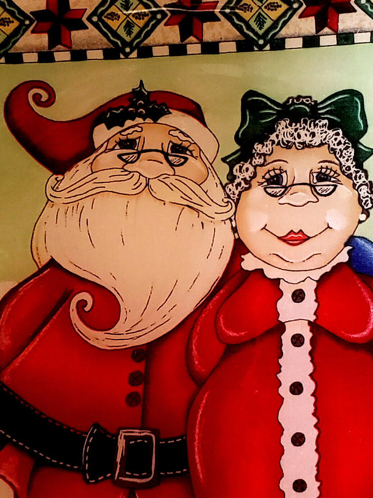 Christmas Platter Reverse Painted Mr&Mrs Claus with Elves