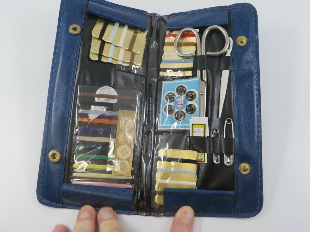 Vtg Brocade Case Sewing Kit Emergency Repairs Thread Scissors Needles Pins Snaps
