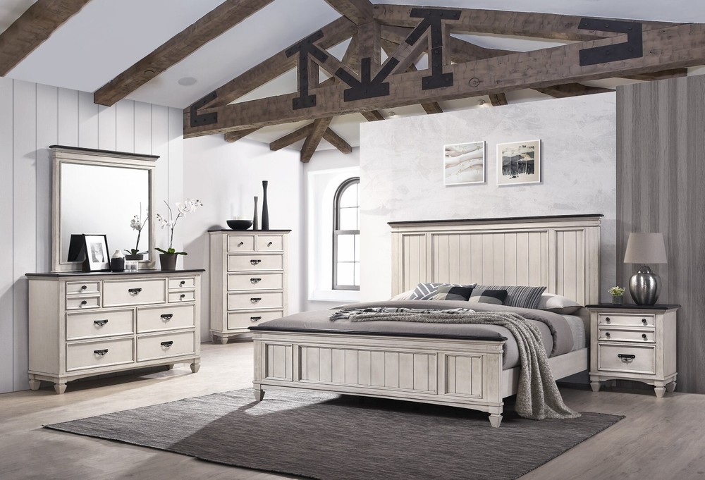 Rustic Cottage Style 6pc Queen Panel Bed Set Beige Finish Solid Wood Bedroom
