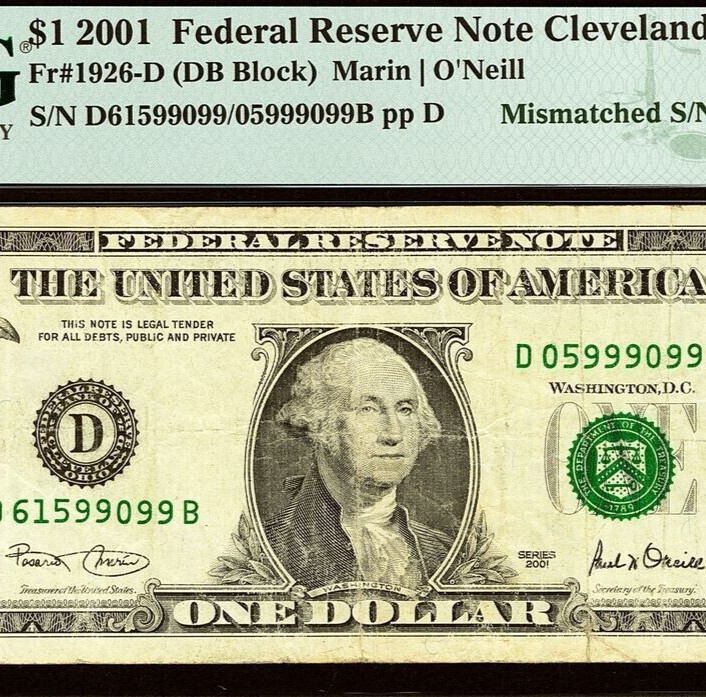 2001 $1 Federal Reserve Note PMG 25 - Error Note - Three Digit Mismatch Error