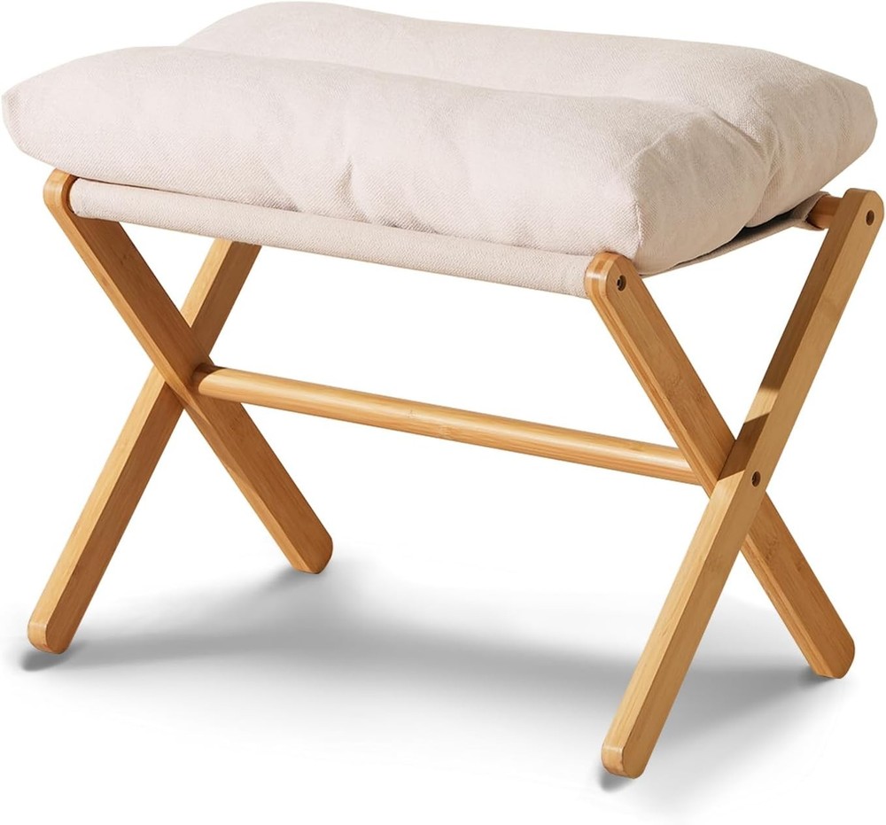 Ottoman Foot Rest- Bamboo Foldable Stool Foot Stools Small Ottman W/ Upholstered
