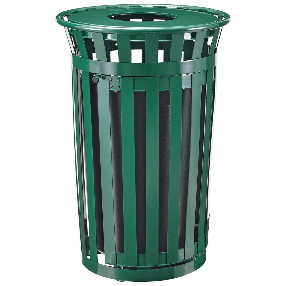 36 Gallon Outdoor Metal Slatted Receptacle w/Access Door  Flat Lid Green